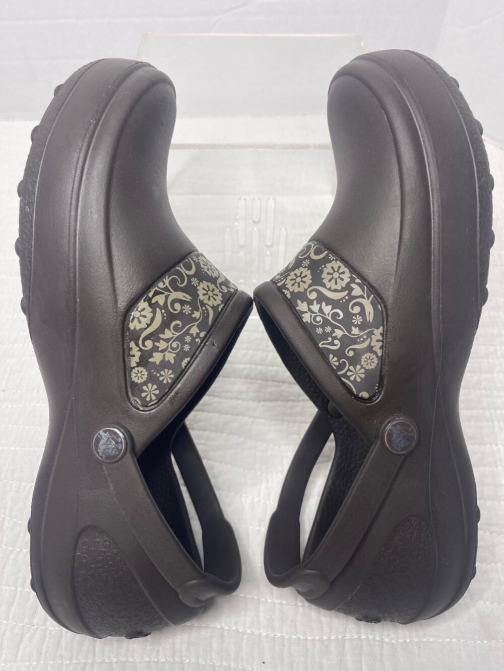 Crocs Mercy Work Brown Floral Pattern Slip-On Clogs Women SZ 10 Comfortable - Picture 6 of 8